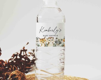 May include: A clear plastic water bottle with a white label that says "Kimberly's Baby Shower" and features a watercolour illustration of woodland animals.