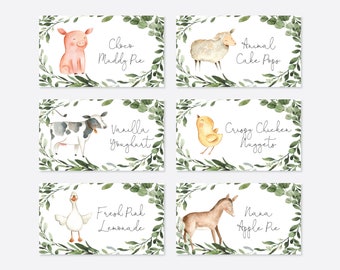 May include: Six watercolour food labels with farm animal illustrations. Each label features a different animal: a pig, sheep, cow, chick, goose, and donkey. The labels are surrounded by a green leaf border and include text such as "Choco Maddy Pie" and "Animal Cake Pops."