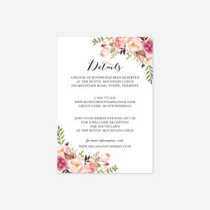 Pink Floral Wedding Details Card, Wedding Info Card, Accommodation Card, Floral Details Card, Floral Wedding, Instant Download, Templett-WD1 image 3