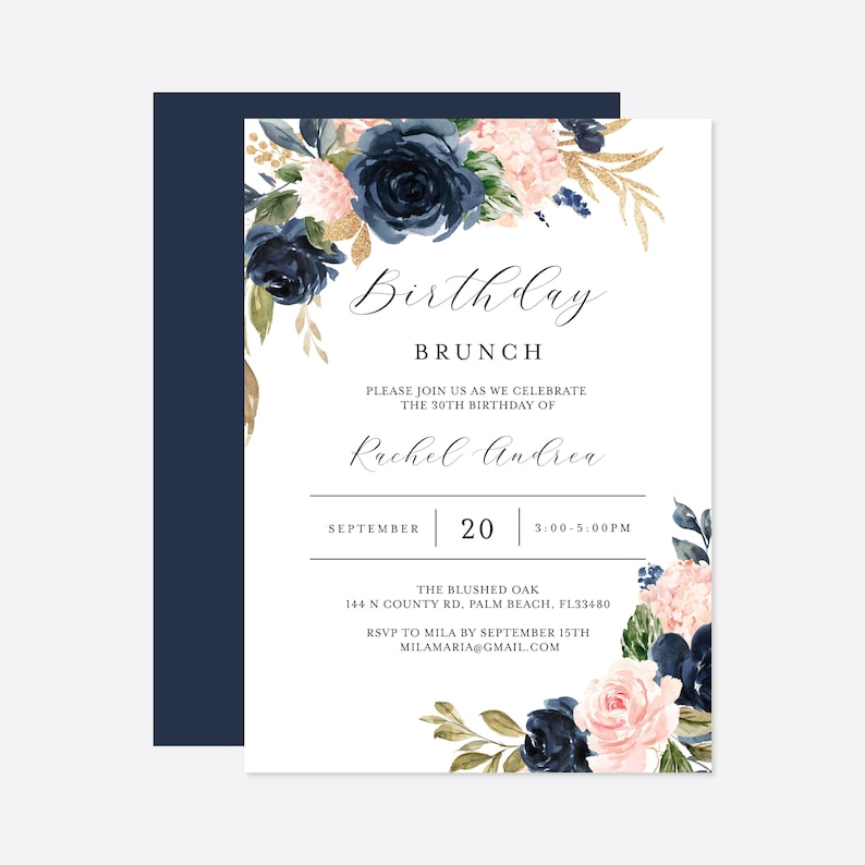 Navy Blush Birthday Brunch Invitation, Floral Birthday Brunch Invitation, Floral Birthday Invitation, Instant Download, Templett AB22 zdjęcie 1