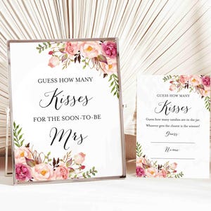 Pink Floral Bridal Shower Guess How Many Kisses Game, Bridal Shower How Many Kisses For The-Soon-To-Be Mrs, Instant Download, Templett - BR1
