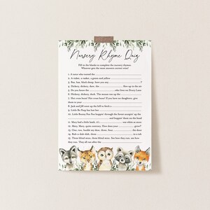 Woodland Baby Shower Nursery Rhyme Quiz Game, Woodland Nursery Rhyme Quiz Game, Nursery Rhyme Quiz, Instant Download, Templett - BB20