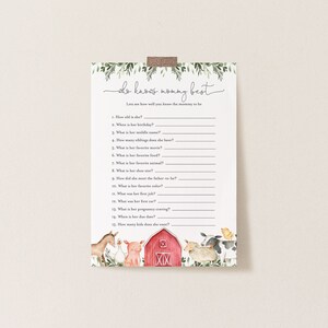 Farm Baby Shower Who Knows Mommy Best Game, Farm Who Knows Mommy Best Game, Farm Animal Who Knows Mom Best, Instant Download, Templett - BB9