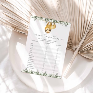 Sloth Baby Shower Guess The Features Game, Sloth Guess The Features Game, Sloth Baby Shower Game, Instant Download, Templett - BB13