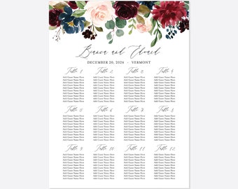 Burgundy Navy Wedding Seating Chart, Wedding Seating Sign, Floral Seating Chart, Floral Wedding, Instant Download, Templett - WD4