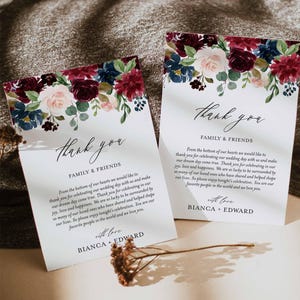 Nota de agradecimiento para boda en color burdeos y azul marino, Nota de agradecimiento floral para boda, Nota de agradecimiento floral para boda, Descarga instantánea, Templett - WD4