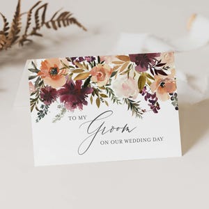 Carte de mariage bordeaux Blush, à mon marié, à ma mariée le jour de notre mariage, mariage floral, téléchargement immédiat, Templett - WD3