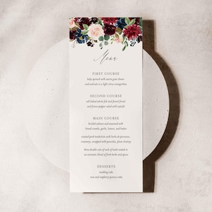 Carte de menu de mariage bleu marine bordeaux, carte de menu de dîner de mariage, carte de menu floral, mariage floral, téléchargement immédiat, Templett - WD4
