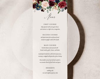 Burgundy Navy Wedding Menu Card, Wedding Dinner Menu Card, Floral Menu Card, Floral Wedding, Instant Download, Templett - WD4