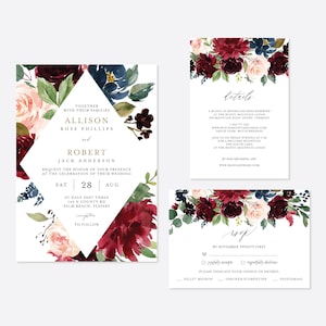 Burgundy Navy Wedding Invitation Suite, Wedding Invitation Set, Wedding Invitation Bundle, Floral Invitation, Instant Download,Templett-WD4B