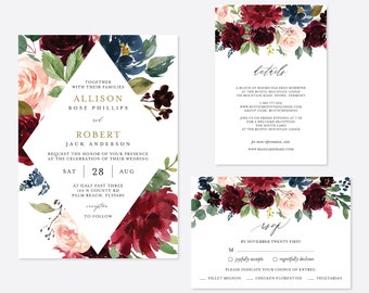 Burgundy Navy Wedding Invitation Suite, Wedding Invitation Set, Wedding Invitation Bundle, Floral Invitation, Instant Download,Templett-WD4B