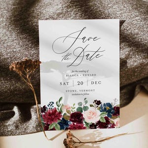 Burgundy Navy Wedding Save the Date Card, Wedding Date Announcement, Wedding Save The Date, Floral Wedding, Instant Download, Templett - WD4