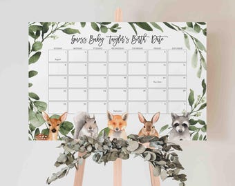 May include: A white printable baby shower game with a calendar for guests to guess the baby's birth date. The calendar is surrounded by green foliage and woodland animals, including a deer, squirrel, fox, rabbit, and raccoon.