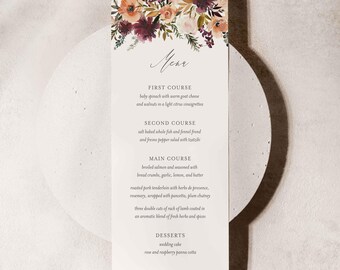 Burgundy Blush Wedding Menu Card, Wedding Dinner Menu Card, Floral Menu Card, Floral Wedding, Instant Download, Templett - WD3