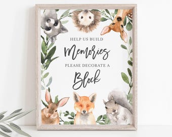 Woodland Baby Shower Decorate A Block Sign, Woodland Decorate A Block Sign, Woodland Build Memories Sign, Instant Download, Templett - BB17