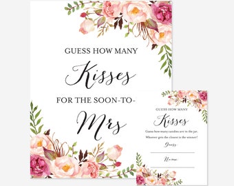 Pink Floral Bridal Shower Guess How Many Kisses Game, Bridal Shower How Many Kisses For The-Soon-To-Be Mrs, Instant Download, Templett - BR1