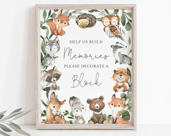 Woodland Baby Shower Decorate A Block Sign, Woodland Decorate A Block Sign, Woodland Build Memories Sign, Instant Download, Templett - BB27
