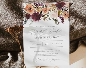 Burgundy Blush Adult Birthday Invitation, Floral Birthday Invitation, Floral Invitation, Flower Invitation, Instant Download, Templett - AB3