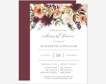 Burgundy Blush Wedding Rehearsal Dinner Invitation, Wedding Rehearsal Invitation, Floral Invitation, Instant Download, Templett - WD3