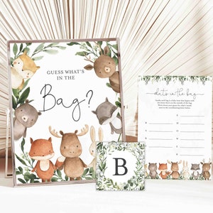 Woodland Baby Shower Guess What&#39;s In The Bag Game, Woodland What&#39;s In The Bag Game, Woodland Guess Bag Game, Instant Download, Templett-BB10