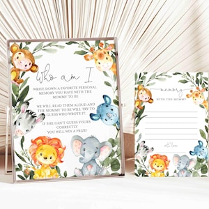 Jungle Baby Shower Who Am I Game, Jungle Who Am I Game, Safari Who Am I Game, Jungle Baby Memory Game, Instant Download, Templett - BB14