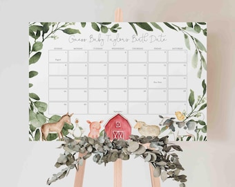 May include: A white calendar with a green floral border and the text "Guess Baby Taylor's Birth Date". The calendar is for August and September. There are farm animals and a red barn at the bottom of the calendar.