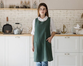 Japan linen apron with pockets and no tie, Pinafore Cross back apron, Mommy and me apron, daughter gift from mom