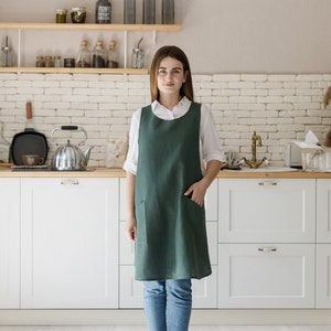 Japan linen apron with pockets and no tie, Pinafore Apron Dress, Mommy and Me Apron, Japanese Apron, Daughter Gift Mom, Artist Smock