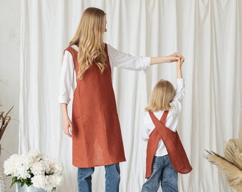 Leinenschürze im japanischen Stil mit Taschen für Kleinkinder, Flachsschürze für Mama und Ich, zum Kochen oder Backen