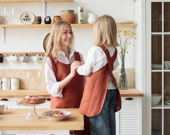 Mother and Me set apron, Toddler Apron Linen Cross Back Pinafore, Kids Apron, Smock with Pockets for Children, Gift for little Boy or Girl,