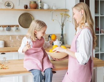 Child Cross Back Linen Apron in pink color, Japan Apron with no tie apron Mother and me