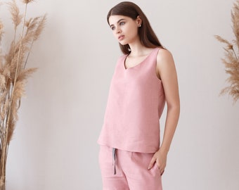 Pure Linen Tank Top and Shorts Set in Pink color, Linen Pajama set, Organic Sleepwear, Womens Nightgown