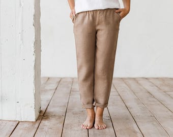 Linen Pants Women with hidden side pockets, Linen Trousers Womens Clothing, Loose Fit Pants with Elastic Waist - XS - XXL sizes