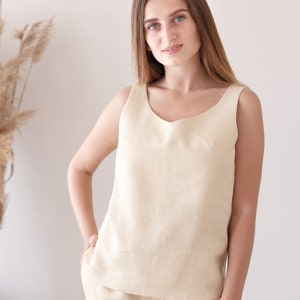 Beige Linen Pajama Nightwear, Linen Tank Top and Shorts with Pockets Image 4