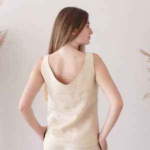 Beige Linen Pajama Nightwear, Linen Tank Top and Shorts with Pockets Image 5