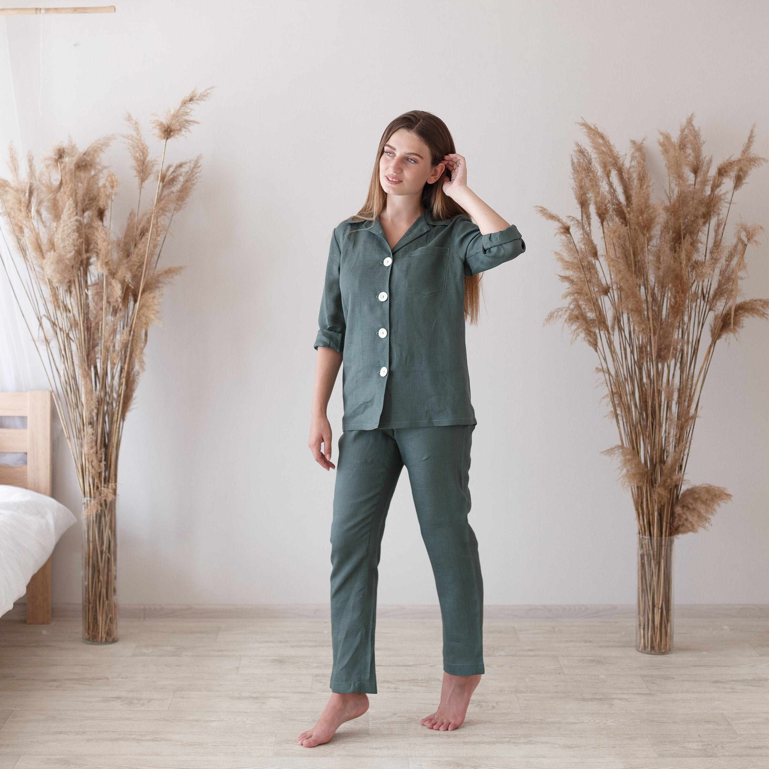 Olive green pajamas set linen pajama set women linen Etsy