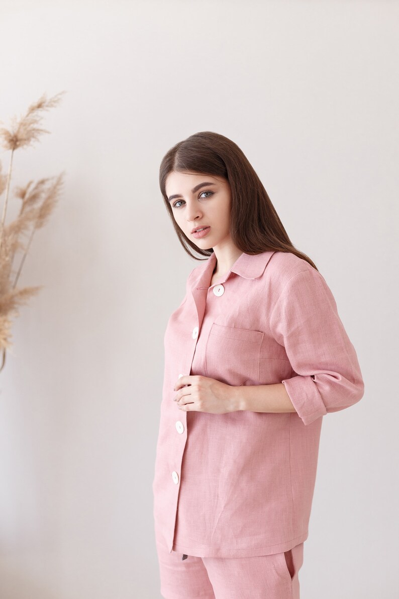Organic Linen Top and Shorts Set Pink Pajamas Women Etsy