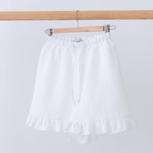 RUFFLE LINEN SHORTS with high waist for women, ruffle hem shorts with elastic waist, summer womens shorts, plus size shorts, shorts & skorts White