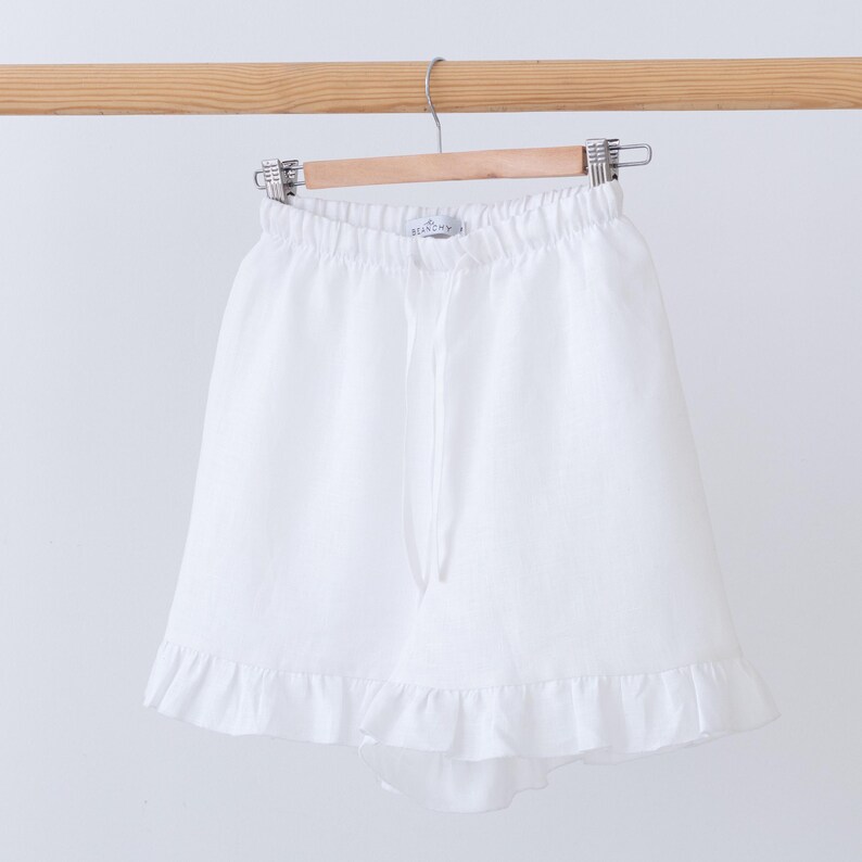 RUFFLE LINEN SHORTS with high waist for women, ruffle hem shorts with elastic waist, summer womens shorts, plus size shorts, shorts & skorts White