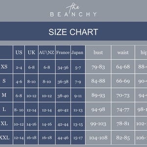 May include: A size chart graphic for The Beanchy featuring a grid with columns for US, UK, AU/NZ, France, and Japan sizes, alongside bust, waist, and hip measurements in centimetres. The chart lists sizes from XS to XXL with corresponding numerical values.