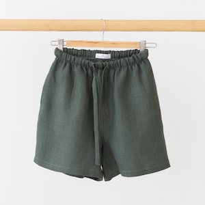 LINEN WOMENS SHORTS With Pockets – High Waist Shorts with Elastic Waist, Relaxed Fit Shorts, Organic Underwear, Vacation Clothing Green