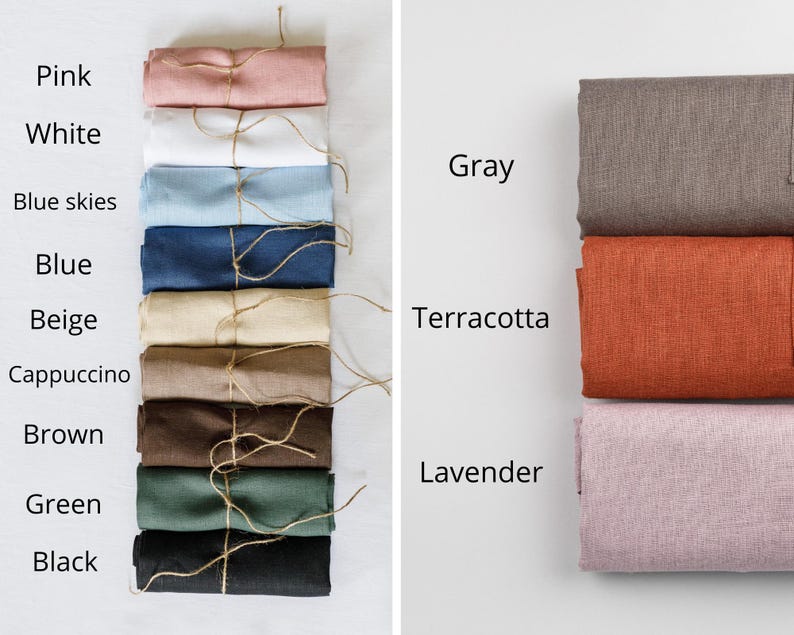 May include: A collection of folded fabric swatches in various colours labelled Pink, White, Blue skies, Blue, Beige, Cappuccino, Brown, Green, Black, Gray, Terracotta, and Lavender. Each swatch is tied with a thin piece of twine string.