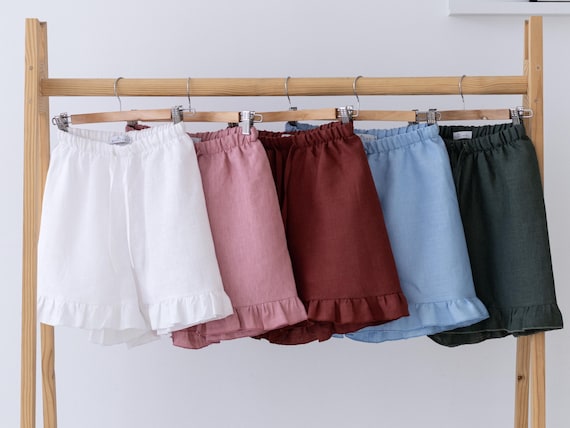RUFFLE LINEN SHORTS with high waist for women, ruffle hem shorts with elastic waist, summer womens shorts, plus size shorts, shorts & skorts