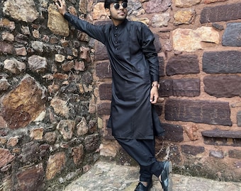 Men's Black Cotton Kameez Shalwar: Slim Fit Pakistani Indian Outfit