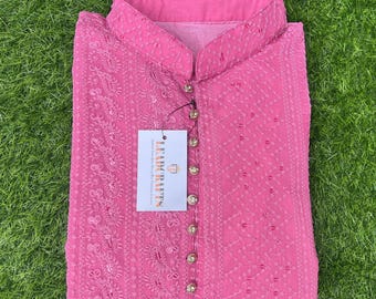 Chikankari Kurta rosa: abito da uomo in cotone floreale in stile Bollywood