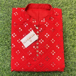 Red Chikankari Kurta Pajama Set: Georgette Mirror Work Embroidered Kurta