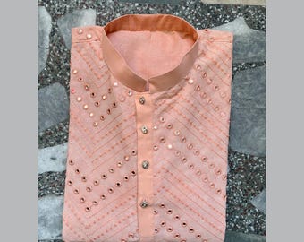 Peach Georgette Kurta Pajama Set: Chikankari Mirror Work, Indian Wedding Outfit