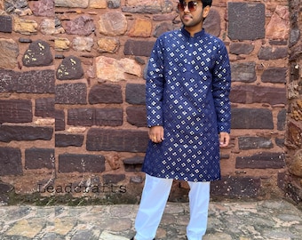 Navy Georgette Kurta Pajama Set: Mirror Work Embroidery, Designer Outfit