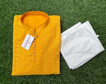 Yellow Georgette Chikankari Kurta Set: Paisley Embroidered Lucknowi Wedding Kurta