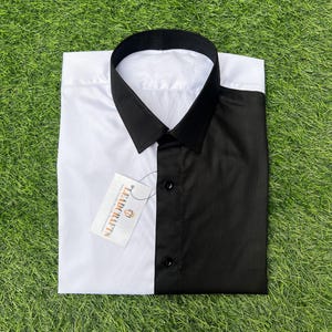 Camisa elegante de dos tonos: mitad blanca y mitad negra / Tejido de algodón con brillo sutil